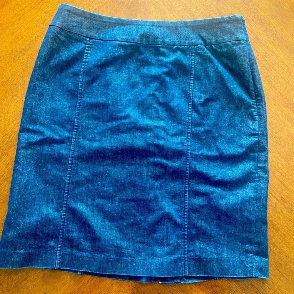 Halogen Dark Wash Cotton Chambray Denim Jean Pencil Mini Skirt Zip Size 8 EUC